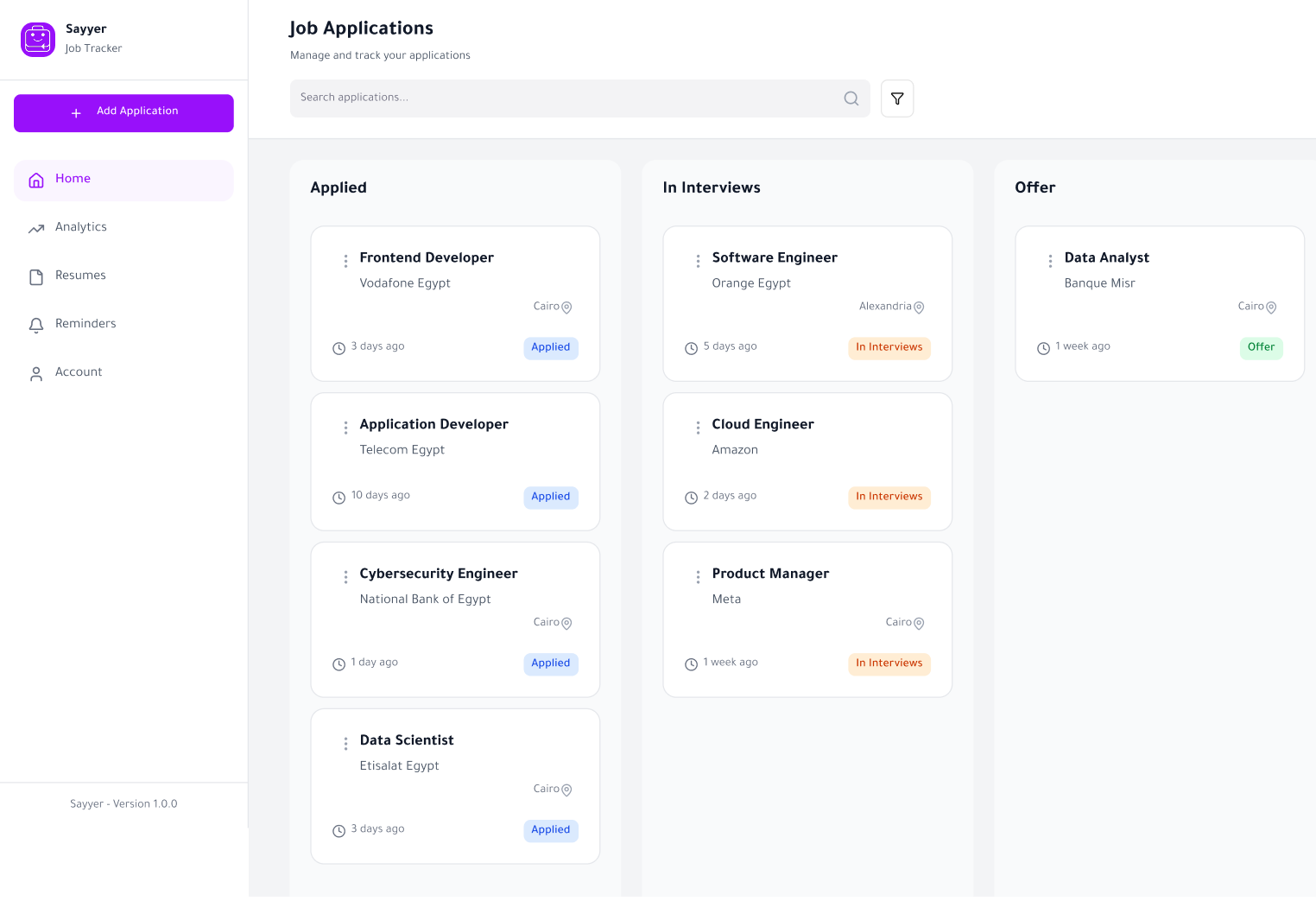 Sayyer Platform Dashboard - Job Tracking Interface
